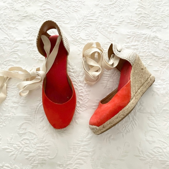 Soludos Red Orange Suede Wedge Lace-Up Espadrille Sandal 6.5